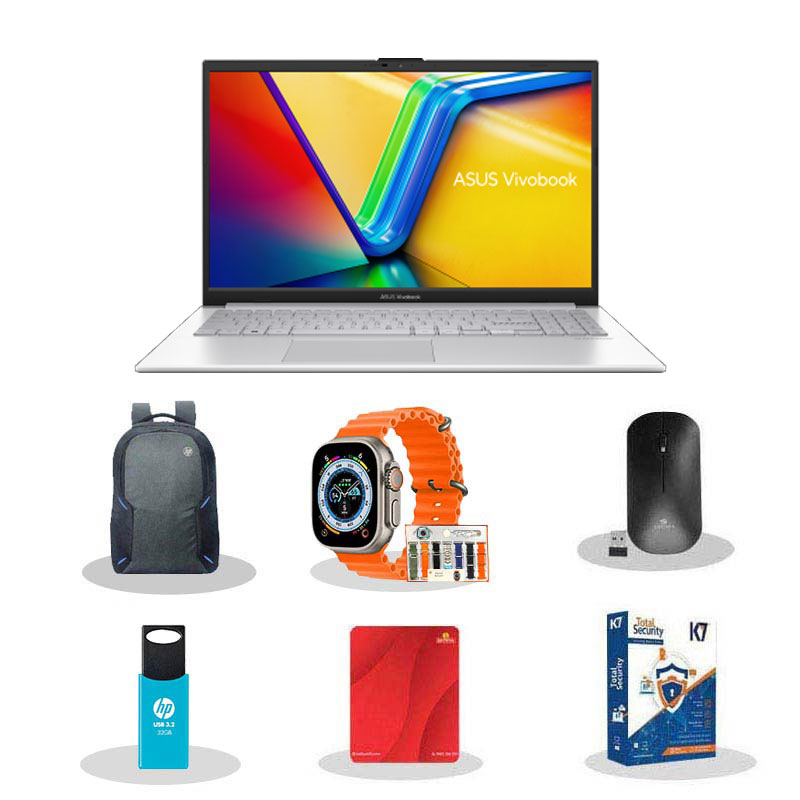 Picture of ASUS Vivobook 16 - Intel Core i5-13420H 16" (40.64cm) X1605VA-MB1627WS Thin & Light Laptop (16GB/ 512GB SSD/ Intel Iris Xᵉ Graphics/ Windows 11 Home/ Office Home 2024/ 1Year Warranty/ Cool Silver/ 1.88 Kg) with Smart watch (7-in-1 Strap) + Laptop Bag + Wireless Mouse + Mouse Pad + Pendrive + K7 Antivirus Single User